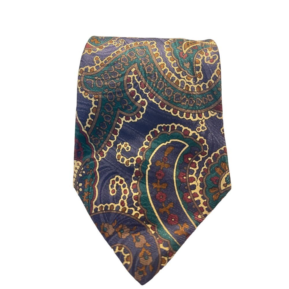 Austin Reed London England Paisley Silk Tie Navy Blue Green Gold Elegant Z-34‎